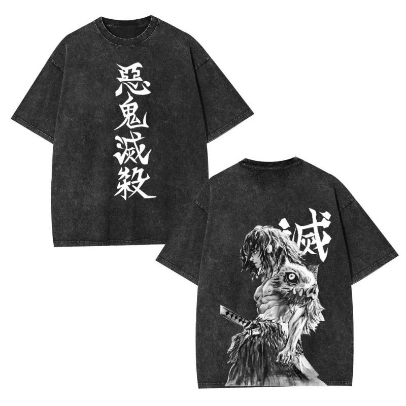 Japanese Anime Demon Slayer Akaza Graphic Washed T-shirts Women’s Men's Clothing  Harajuku Y2K Oversized Cotton Half-sleeve Tops
