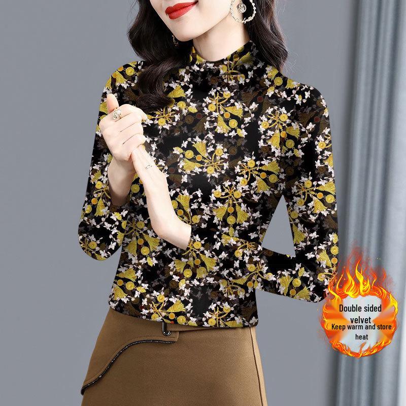 

Women s Plus Size Ribbed Velvet Thermal Top - Long Sleeve, Half-High Collar, Figure-Flattering, Tummy Concealing, Versatile Autumn & Winter Wear. M (up to 90 jin)