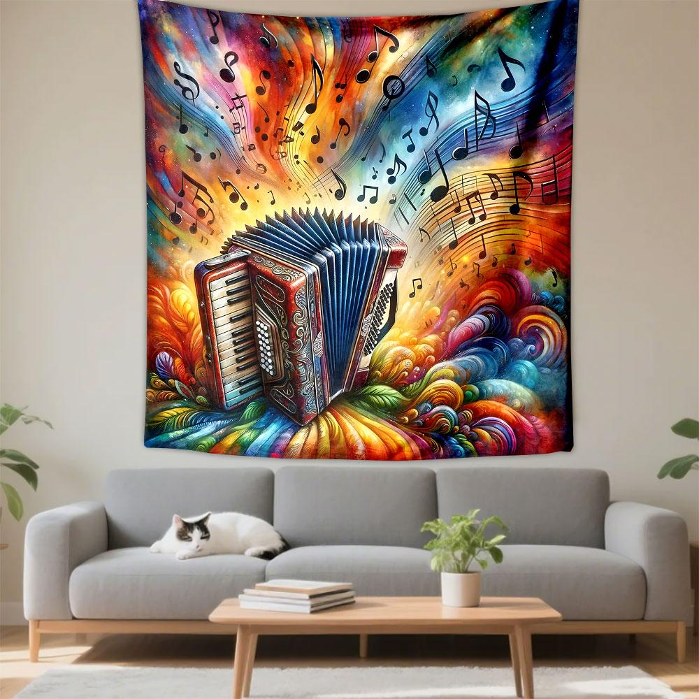 Colorful Accordion and Music Explosion Patterned Tapestry Decorative Wall Hanging, Home Bedroom Living Room Decor