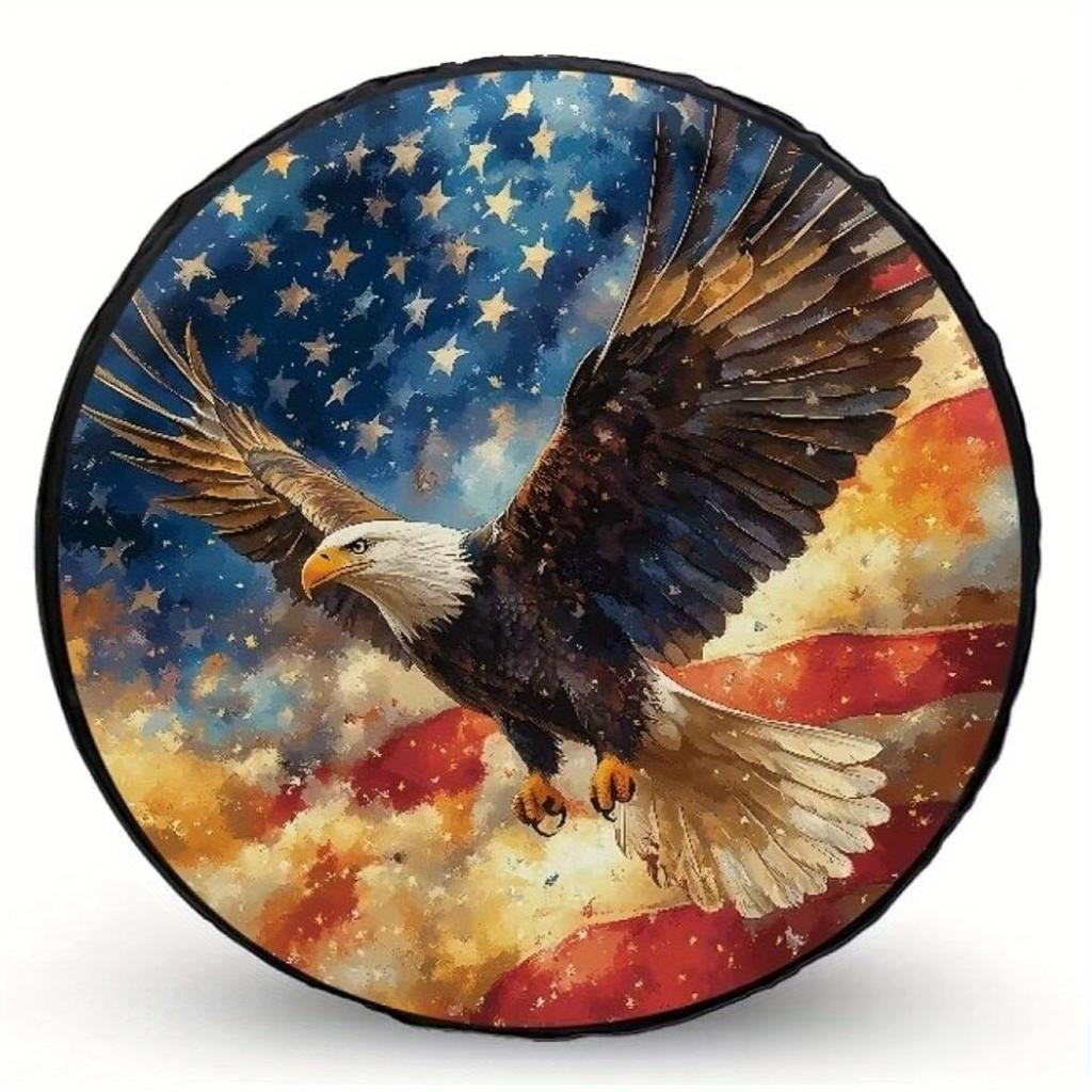 1pc American Flag Eagle Spare Tire Cover - Vibrant Patriotic Design With Soaring Eagle & Stars, Durable Polyester Material, Perf