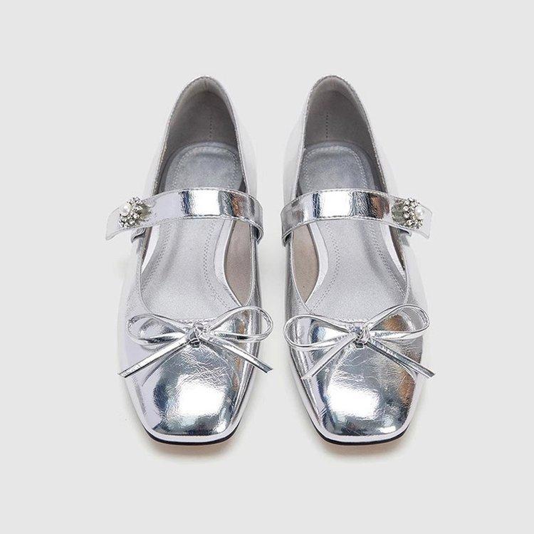 Bow French silver Mary Jane shoes women's spring 2025 new square head mirror retro thick heel single shoes women