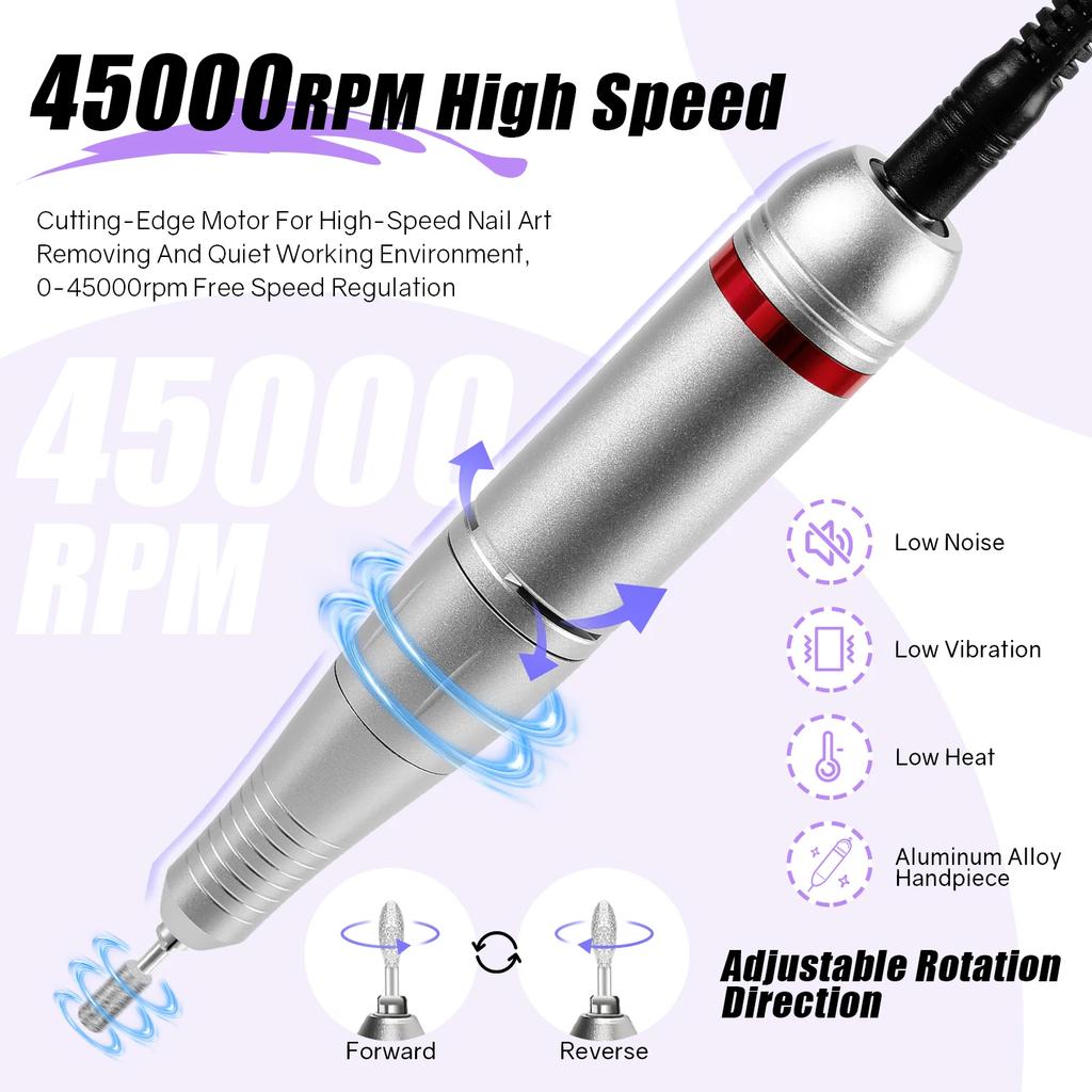 45000RPM Electric Nail Drill Machine for Nail Electric File Manicure Machine Nail Sander Portable Professional Nail Lathe Sander