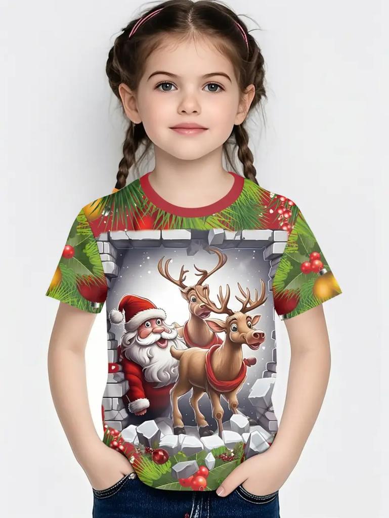 Cute Santa Claus Children's T-Shirt Christmas 3D Print Girl Short Sleeve T-Shirt Holiday Boys Clothes O-Neck Tees Tops Clothing