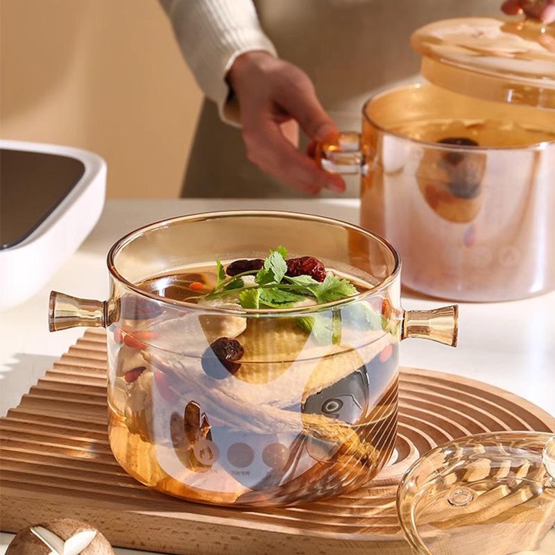 Oală de tocană din sticlă ambrată cu capac – Bol cu două urechi pentru tăiței pentru aragazuri ceramice/electrice