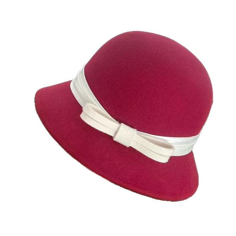Hepburn Celebrity Style Wool Woolen Small Brim Basin Hat Women's Autumn and Winter Top Hat Simple and Elegant Bow Bucket Hat