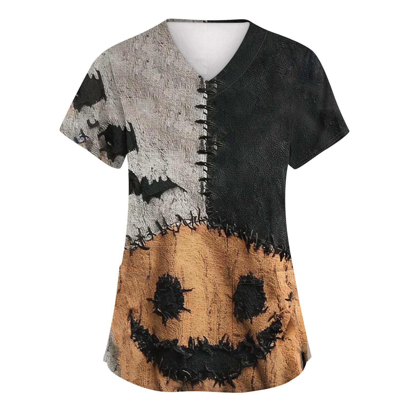 

Женские модные топы с коротким рукавом, принтом на Хэллоуин, V-образным вырезом, карманом, рабочая одежда XXXXL