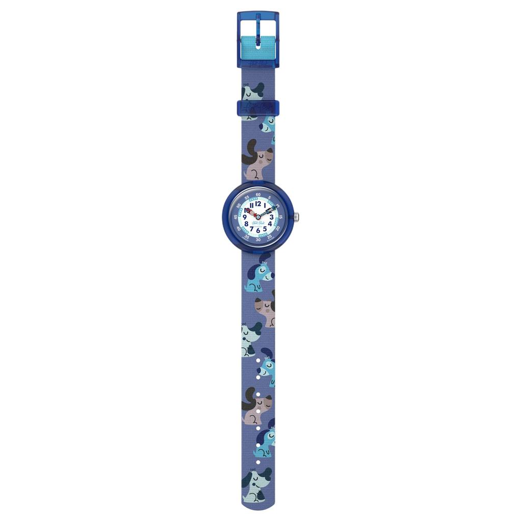 Swatch Flik Flak Quarzuhr Kinderuhr 31,85 mm Blaues Zifferblatt Gehäuse aus biobasiertem Material Armband aus recyceltem PET ZFBNP237