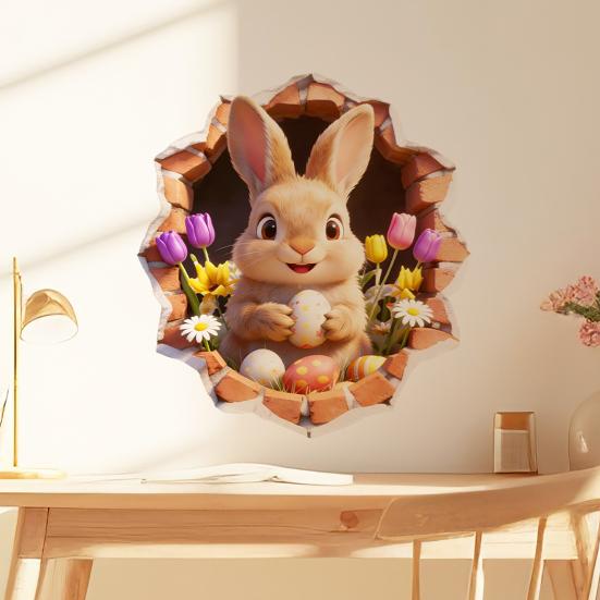 Osterwandaufkleber Lustiger Hase Rissiges Abziehbarer und Aufklebbarer Aufkleber 3D Loch Design Cartoon Selbstklebende Wandaufkleber für Kinderzimmer Spielzimmer