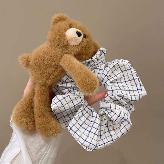 Plaid Fabric Hair Hoop, Non-Slip Headband with 3D Plush Bear Doll Design, Sweet Style Hair Accessories for Daily Wear