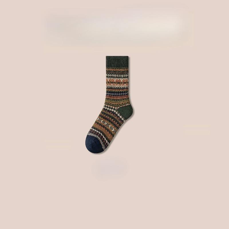 Ethnic-style Socks for Women In Winter, Thickened with Fleece, Warm Striped, Retro Long Tube with Loops, Women's Growth Socks, Cotton Socks