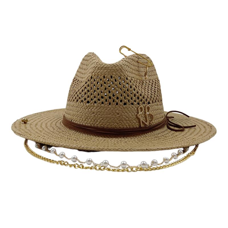 

RB straw hat white pearl tassel series summer women s hat beach hat women s summer jazz hat trendy Panama straw hat 56-58cm