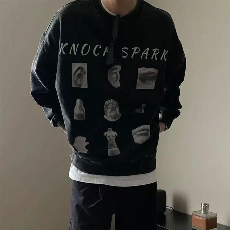 

Мужская одежда Американский винтаж Принтованные худи Стильные с надписями Осень Зима Флисовые с круглым вырезом Повседневные Свободные Уличные толстовки L чёрный