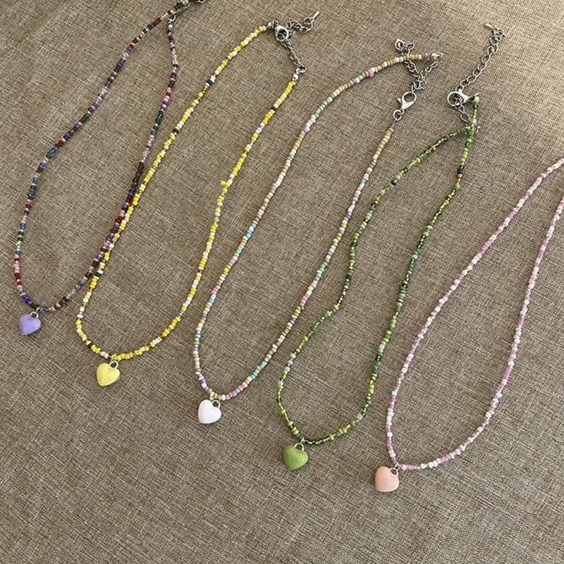 Bohemian Beaded Necklace Summer Rice Bead Love- Necklace Hawaii Beach Necklace Jewelry Suitable for Ladies and Girls