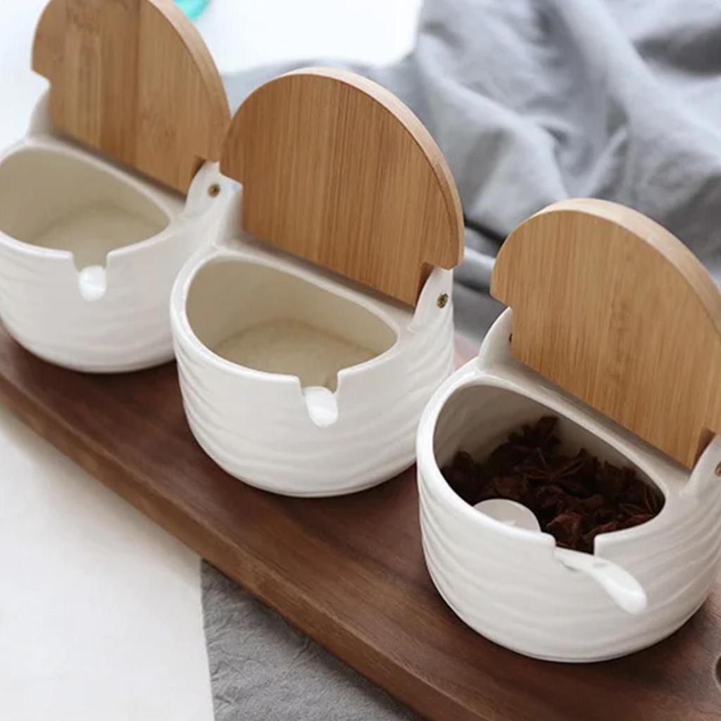Salt Cellar With Lid Ceramic 2x Salt Holder With Wooden Spoon and Lid Seasoning Box Kitchen Seasoning Storage Jar Salt Holder