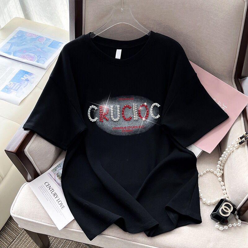 Women's 2024 Summer Trendy Loose Short Sleeve Pure Cotton Studded T-Shirt