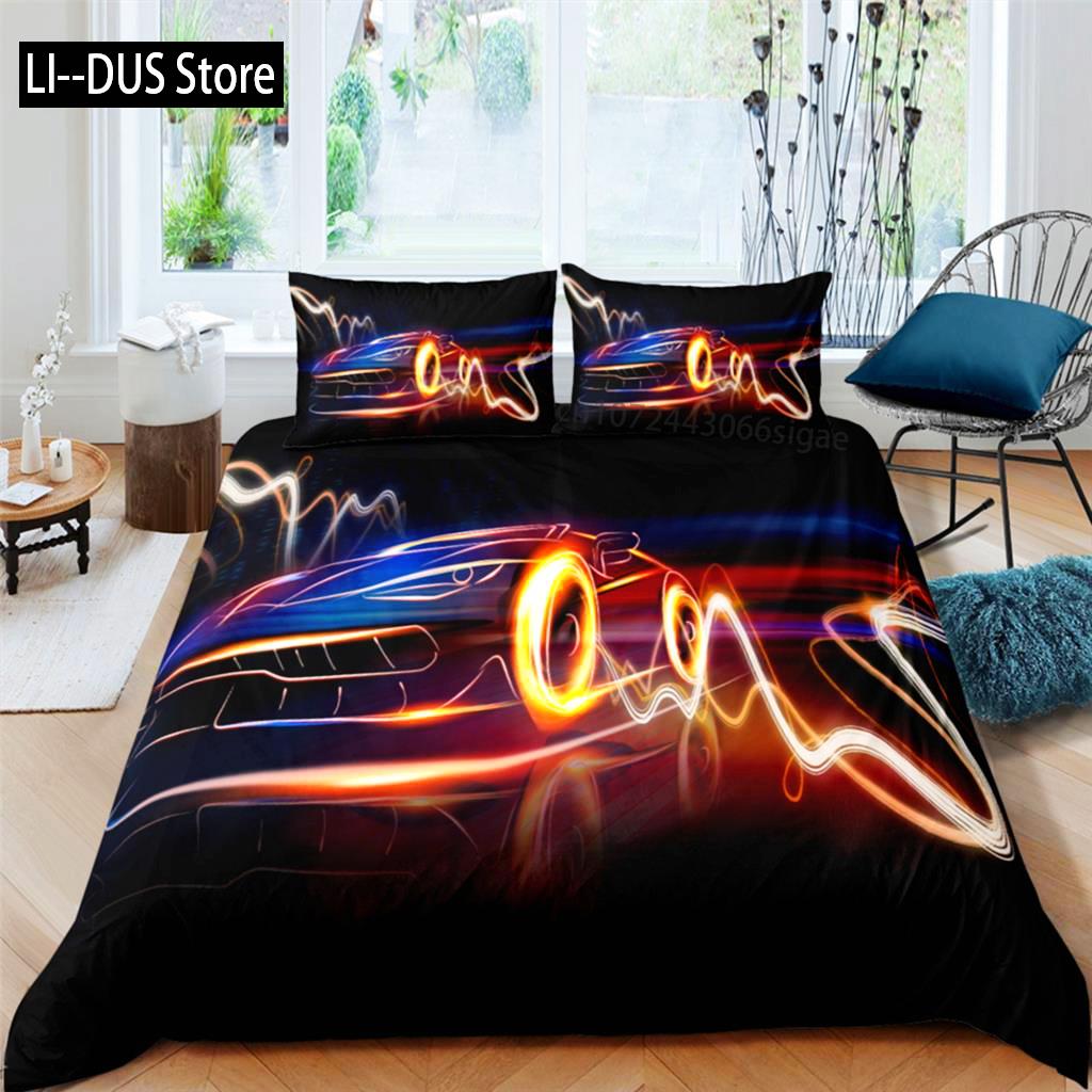 Speed Sports Car Duvet Cover Set Queen Size Cool Racing Comforter Cover Extreme Sport Bedding Set For Boys Teens Men Room Decor
