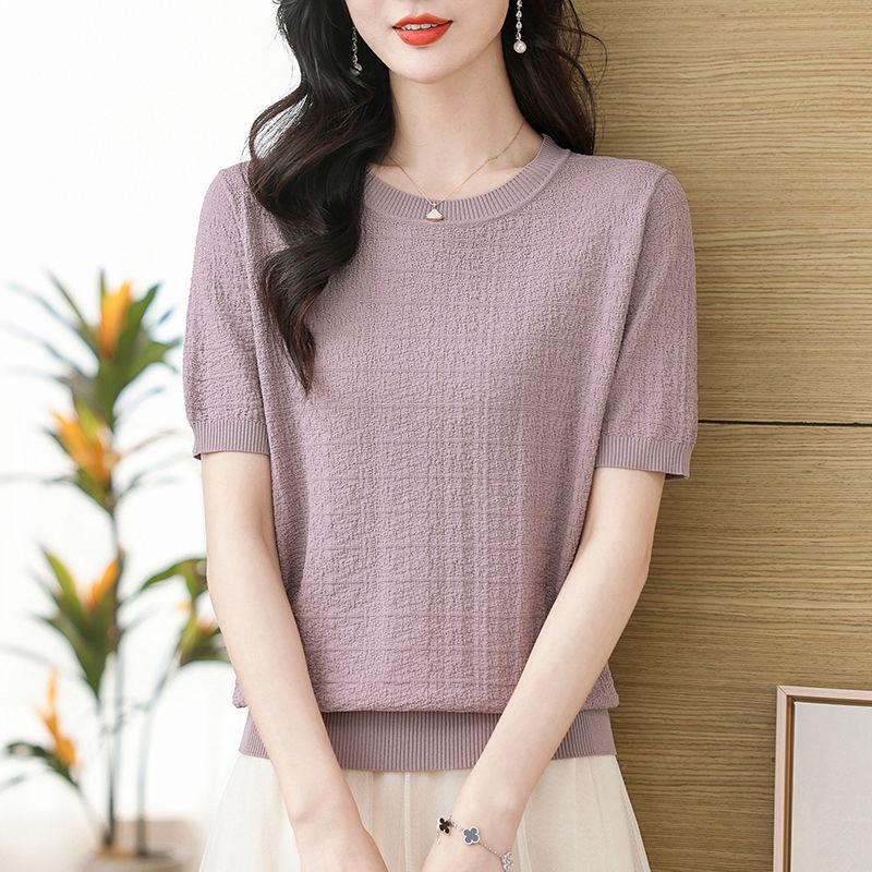 

Тонкий трикотажный свитер с коротким рукавом из ледяного шелка для мамы, вязаный летний свободный топ с круглым вырезом 3XL