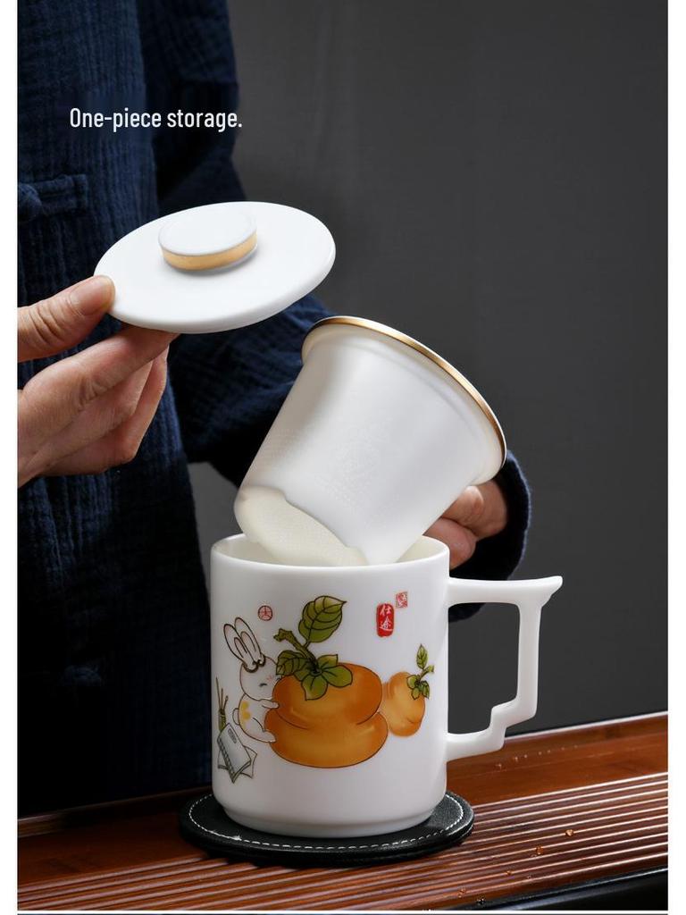 Handmade Mutton Fat Jade Porcelain Mug with Lid and Filter - Luxury Office Teacup