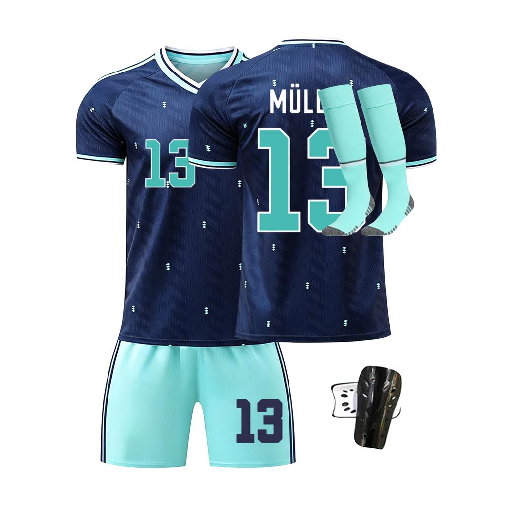 Men's Four Piece Sportswear Set Includes Short Sleeve Jersey Shorts Socks and Shin Guards Suitable for Outdoor and Indoor Activities