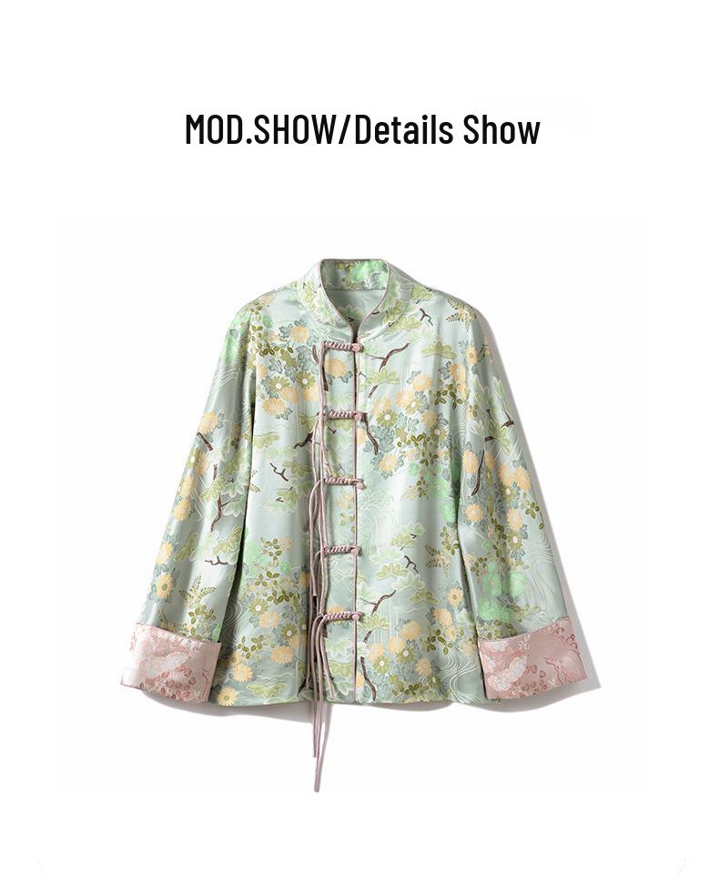 Spot! 32 Momme Mulberry Silk Jacquard Jacket with Frog Button - Tang Suit Style