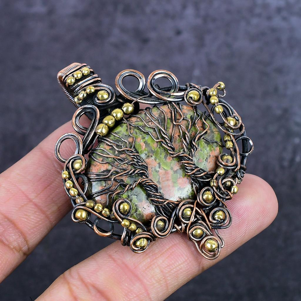 Unakite Gemstone Handmade Copper Wire Wrap Jewelry Pendant 2.56" ET-4934