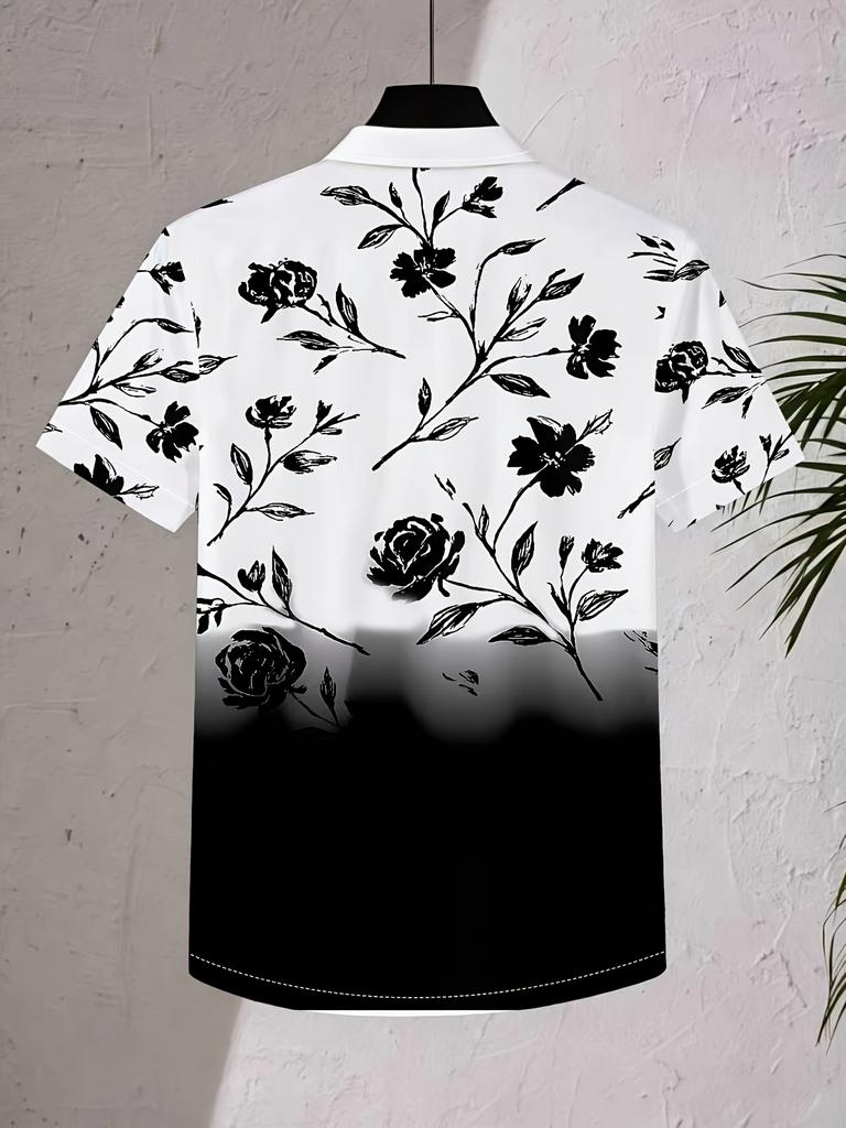 Men'S Casual Shirt with a Hawaiian Style, Featuring Black And White Floral Patterns, Short Sleeves, And a Loose Fit, Perfect for Vacation