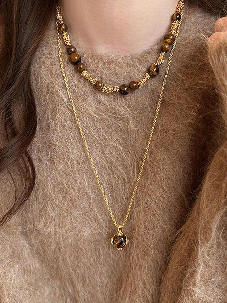 Retro Temperament Maillard Tiger's Eye Stone Pendant Necklace Women's Autumn and Winter Temperament Long Sweater Chain High-end Neck Chain