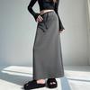Women Sport Skirt High Waisted Adjustable Drawstring Long Skirt with Hem Slit Pure Color Slimming Design Casual Athletic Skirt