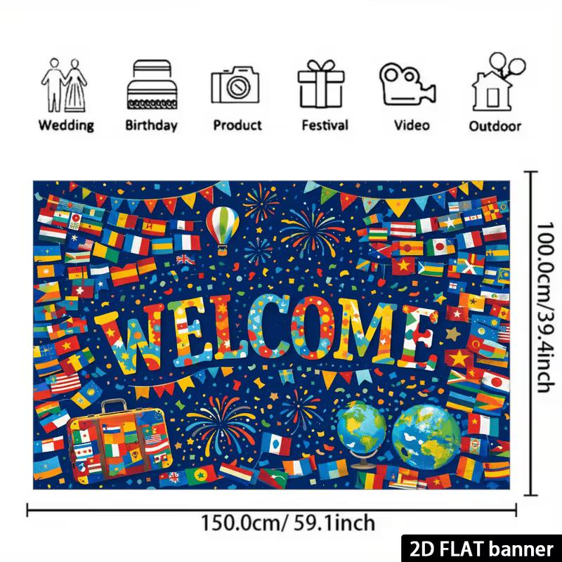 2D World Flags Welcome Backdrop with Globe and Travel Suitcase Design