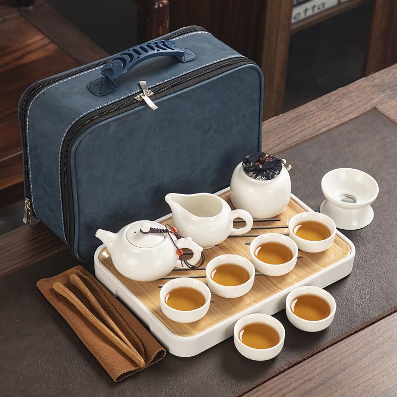 Travel ceramic Kung Fu tea set, tea tray, a full set of portable storage bags, practical business gifts for customers