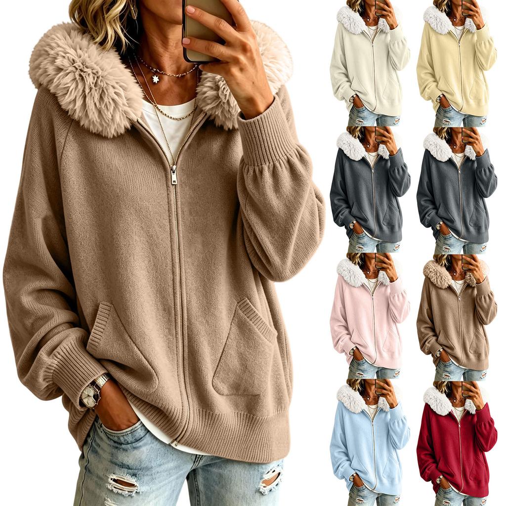 Women's Color Knit Hooded Jacket with Faux Collar and Zipper Pockets Casual Winter Coat
