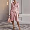 QICED Fashion Autumn Winter Solid Color Print  V-Neck Long Sleeve Casual Dresses
