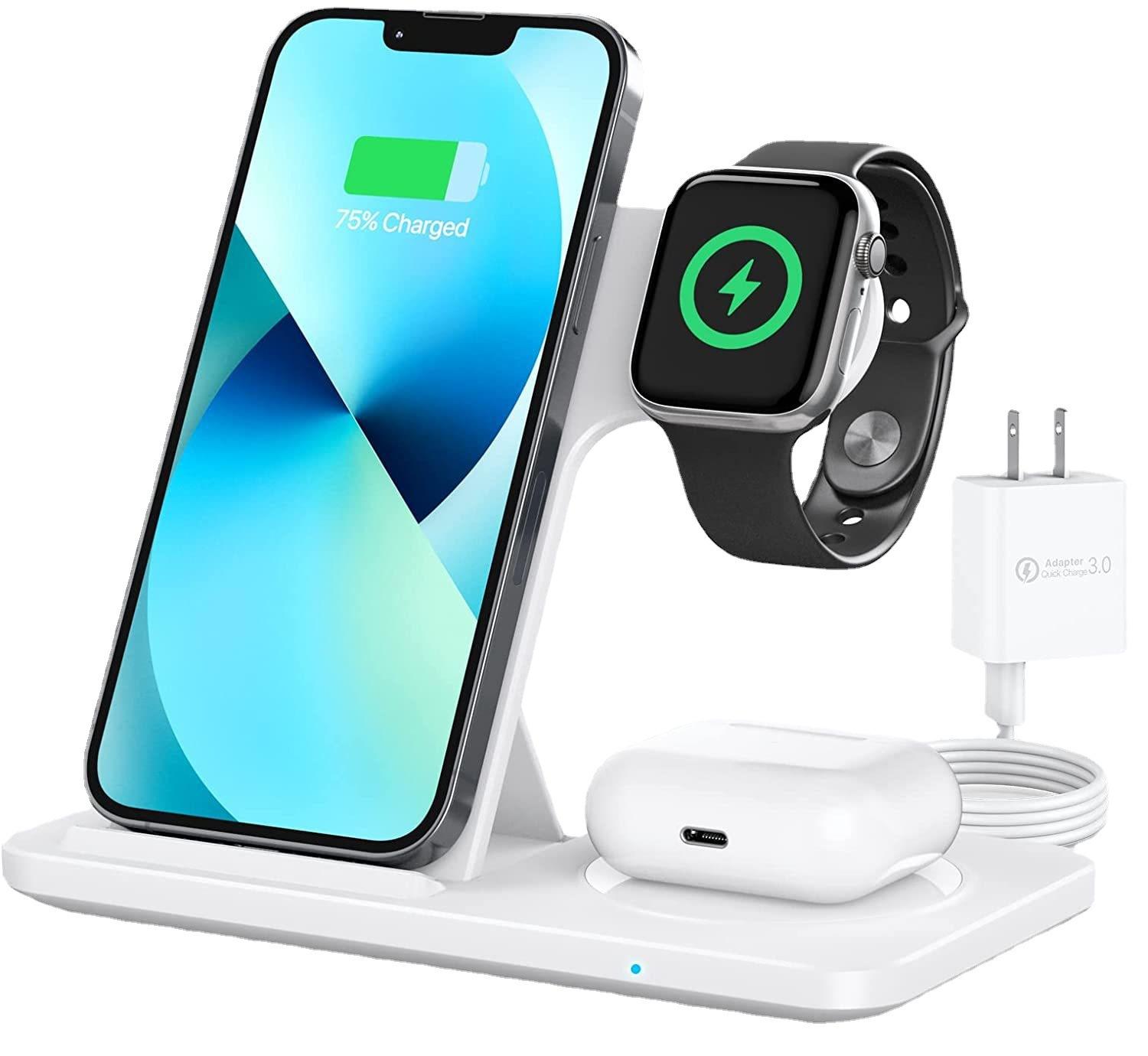 

Складная беспроводная зарядная станция 3 в 1 для iPhone 11 12 Pro 13 14 Plus Apple Watch 7/6 для Samsung Galaxy Watch белый