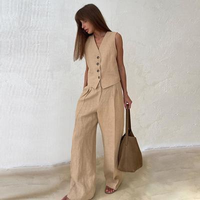 Women Linen Cotton Vest  Pants Suit Two-Piece Set Office Ladies Summer Solid Color 2 Piece Sets Women Pure Cotton Outfits