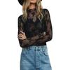 Women Long Sleeve T-Shirts Mesh See-Through Mock Neck Lace Shirts Spring Fall Slim Fit Tops Streetwear