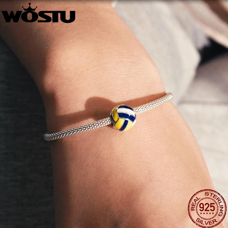 WOSTU 925 Sterling Silver Charm Tennis Ball Volleyball Football Bead Pendant Fit Original Bracelet Necklace For Women Jewelry