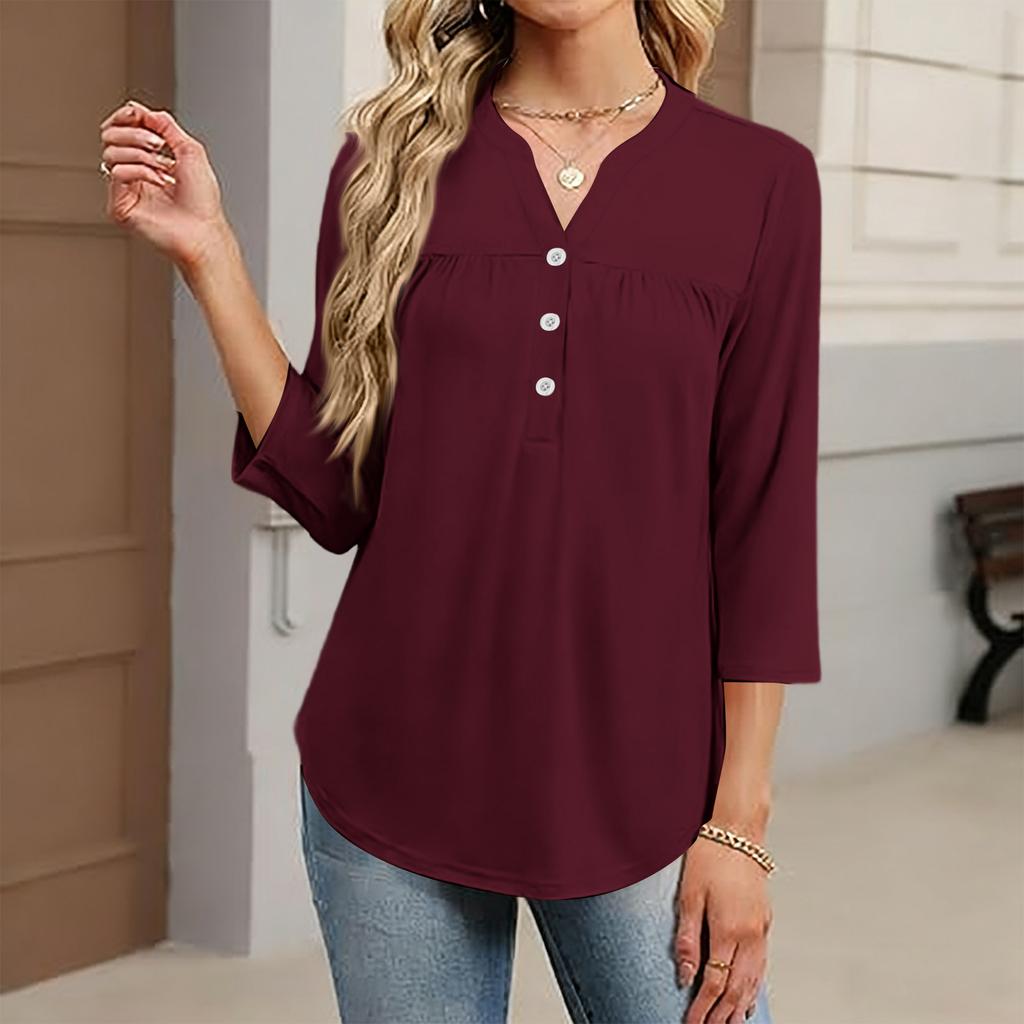 Women's Fashionable Casual Color V-Neck Decorative Button Three-Quarter Sleeve T-Shirt Top