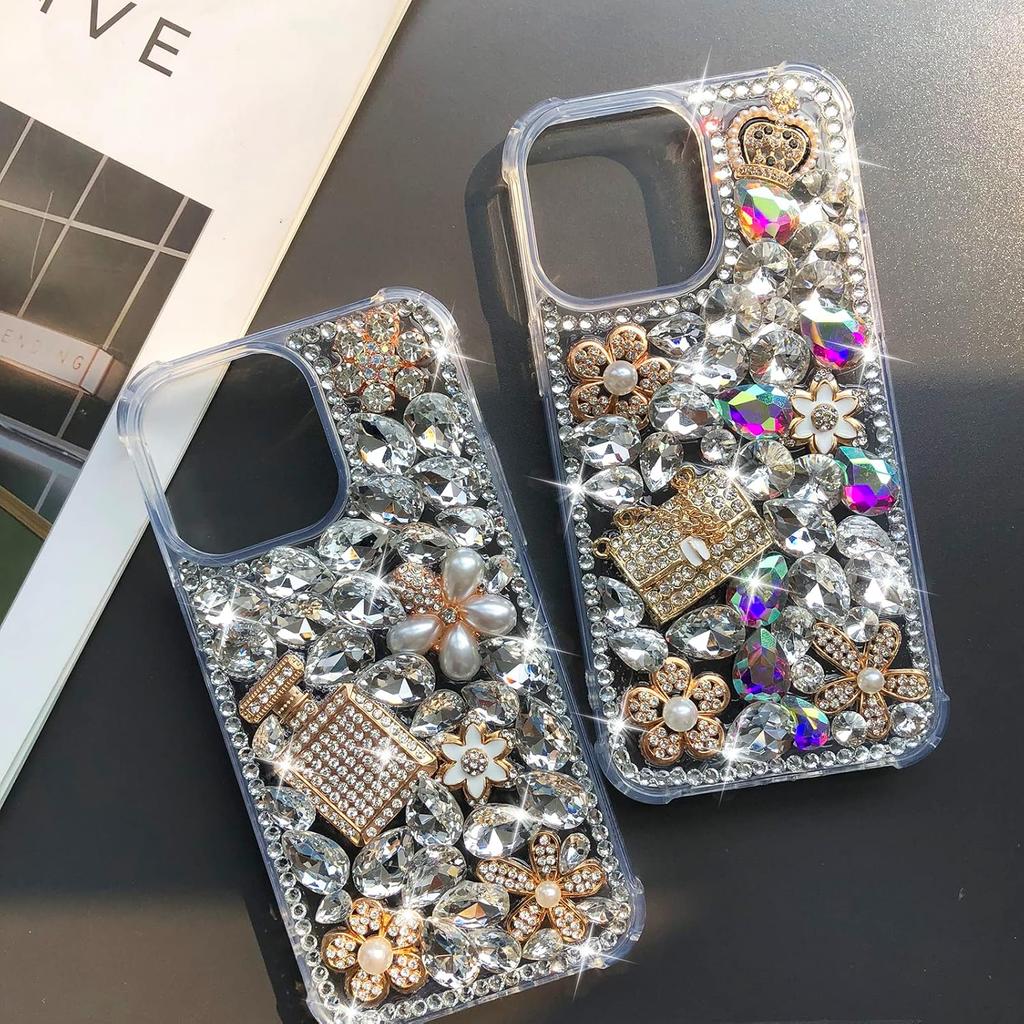 Compatible with iPhone 16 Pro Max Case Cute Bling Glitter 3D Rhinestone Diamond for Women Girls Crystal Girly Handmade Flower Gem Fashion Luxury