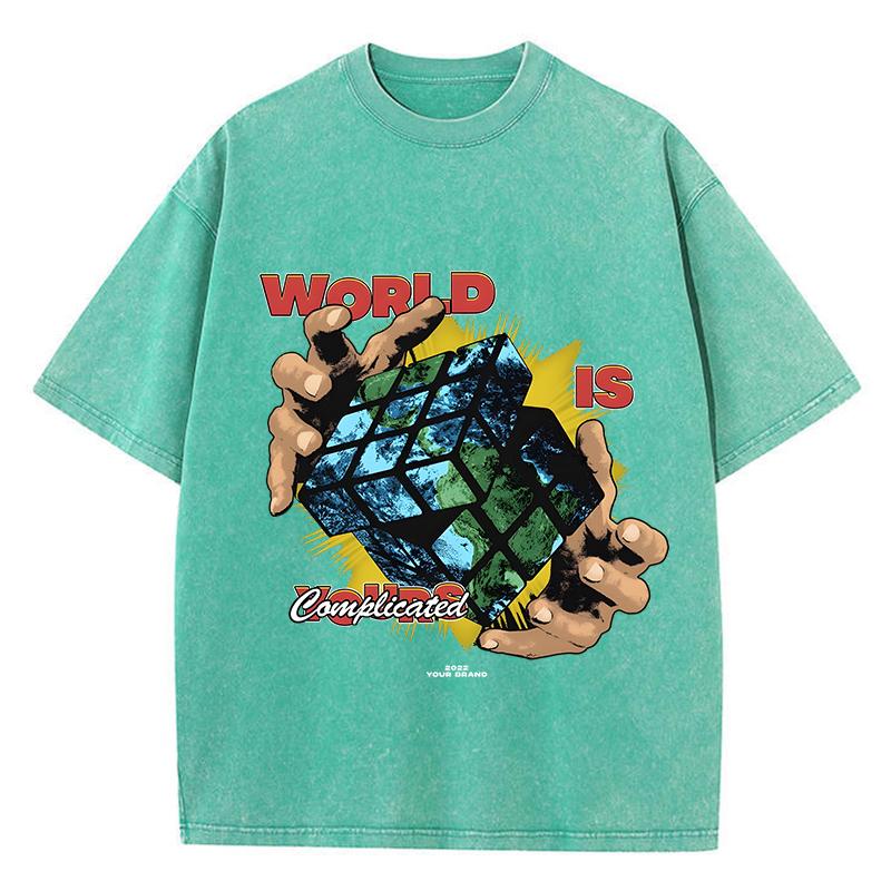 Casual Womans Acid Wash T-Shirts World Is Complicated Cube Prints Tops Crewneck Oversize Cotton Tee Shirts Trend Clothes