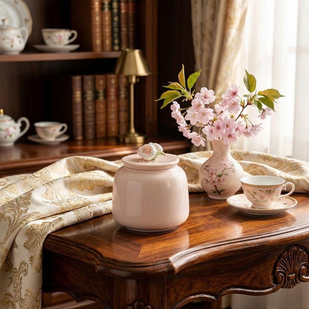 Pink Ceramic Tea Jar Flower-Patterned Tea Packaging Box Tea Container Tea Tin Can  Tea Ceremony