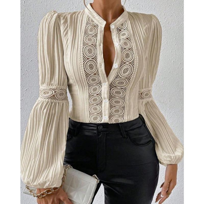 Plus Size Shirts Women Elegant Tops Fashion Lace Patchwork Lantern Sleeve Vintage Stand Hollow Out Casual Loose Blouse Women Buttons Slim Shirt 3291