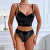 Sexy Pu Leather Lingerie Set For Women Patchwork Mesh Lace Up Hollow Out See-Through Corset Top Bra And Panty Exotic Underwear