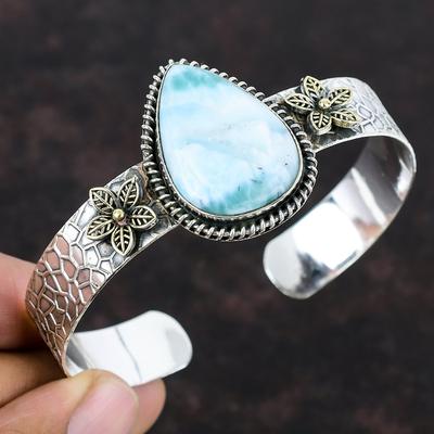 Larimar Bangle Gemstone Cuff Bracelet 925 Sterling Silver Bangle 18K Gold Plated Handmade Designer Bracelet Adjustable Bangle Gift For Mom
