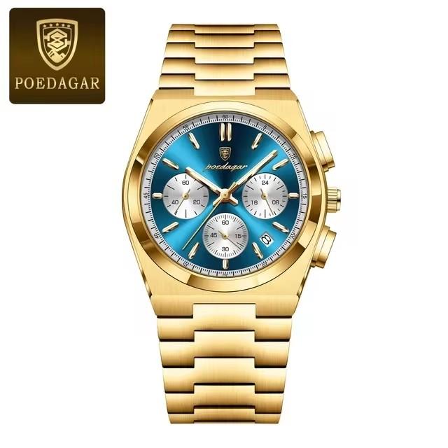 POEDAGAR 970 Fashion Date Quartz Watch Waterproof Luminous Hands Chronograph Reloj Stainless Steel Leather Business Wristwatch