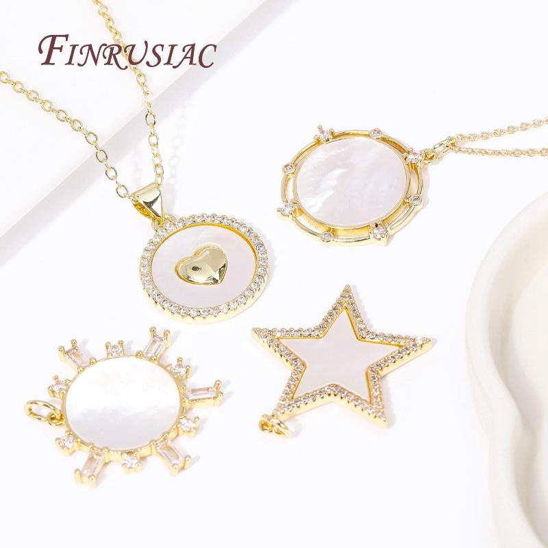 Trendige Messing mit Strasssteinen Stern/Rund Form Anhänger 18 Karat Vergoldet Inlay Natürliche Muscheln Anhänger DIY Schmuckherstellung Zubehör