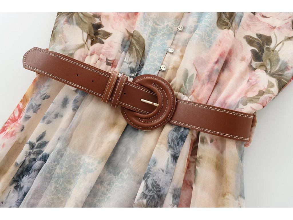 Květinové midi šaty s výstřihem do V a páskem - Dámský evropský a americký styl 2025 Jarní/podzimní kolekce