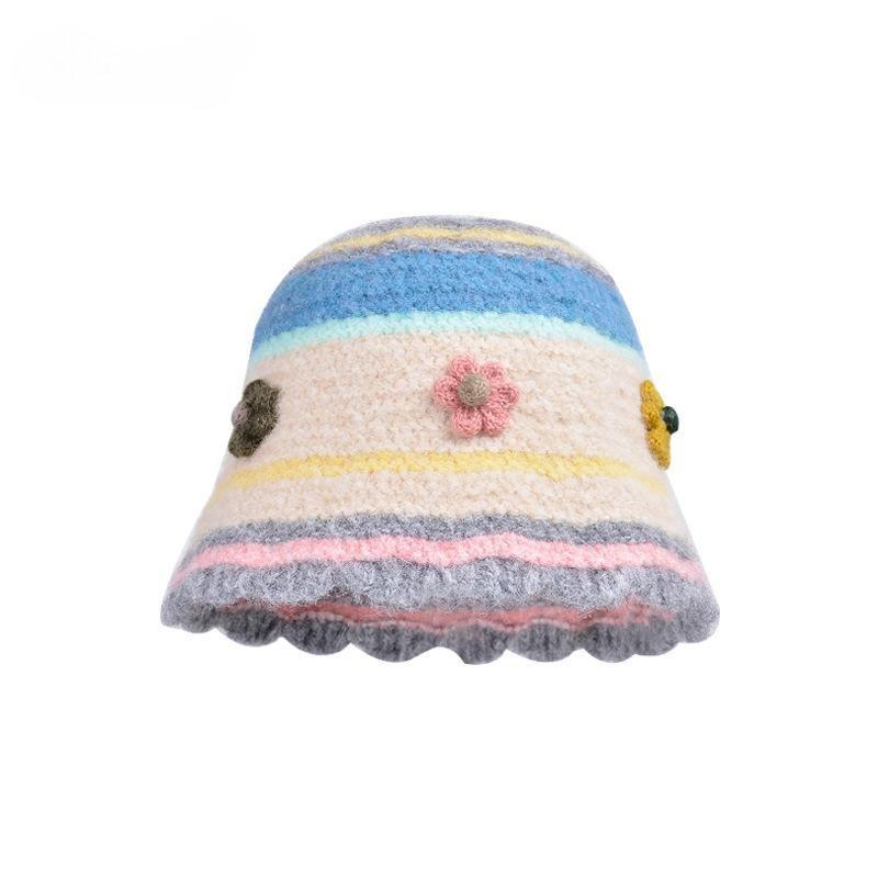 Japanese hollow knitted basin hat autumn and winter sweet dopamine wool hat women's colored flower bucket hat
