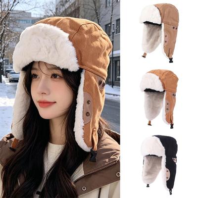 Windproof Winter Pilot Hat Thickened Women Plush Hat Sweet Ear Protective Hat Skiing
