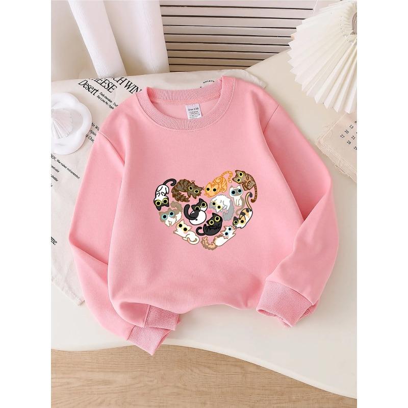 Girls' Crewneck Sweatshirt - Cute Cats In Heart Shape Pattern Machine Washable, Spring And Autumn, Sportswear And Casual Wear, Soft