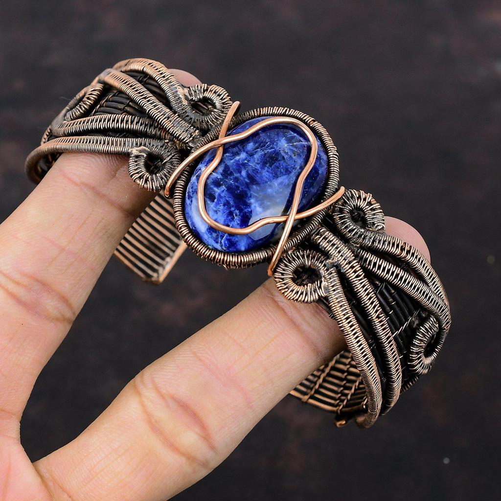 Sodalite Cuff Bracelet Gemstone Bangle Copper Wire Wrapped Adjustable Bangle Handmade Cuff Bracelet Copper Wire Wrap Jewelry Gift For Mother